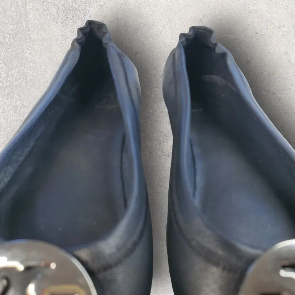 Tory Burch Womens Black Leather Shoes Size 5 Logo Minnie Travel Ballet Flats